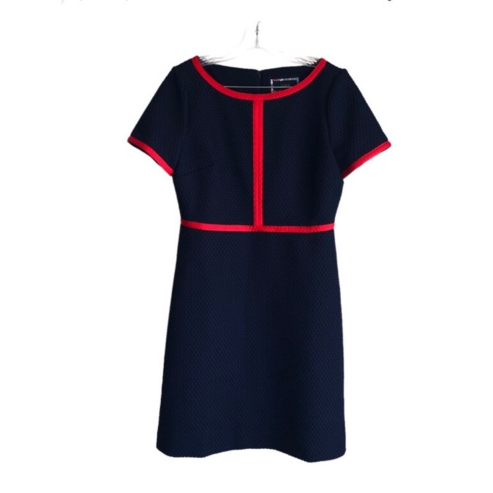 J.Crew Navy Blue Textured Sheath Dress Red Trim Short Sleeve Career 4